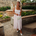 Square Neck Drop Waist Pleated Gathered Skirt Midi Dress