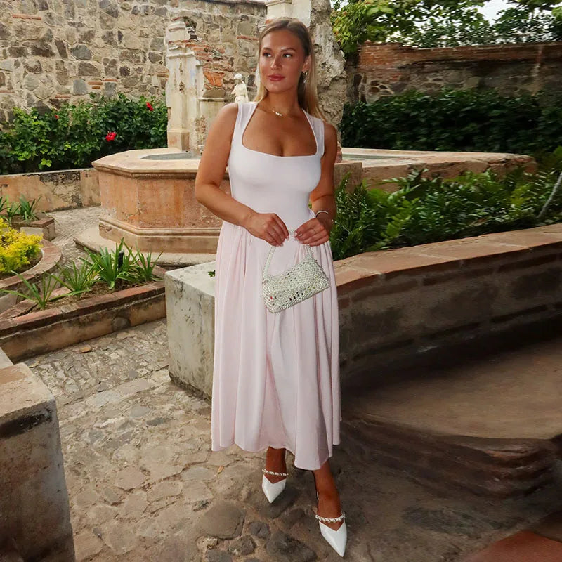 Square Neck Drop Waist Pleated Gathered Skirt Midi Dress