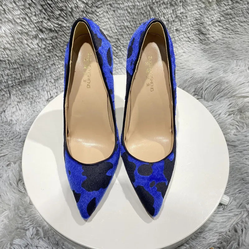 Blue Cow Women Hairy Flock Pointy Toe High Heel Shoes   Cow Women High Heel Shoes