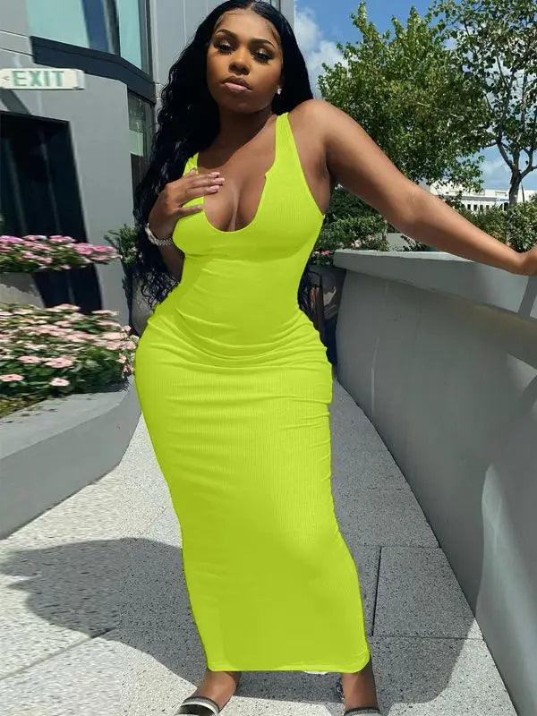 Ribbed Knit Deep Scoop Neck Tank Bodycon Maxi Dress