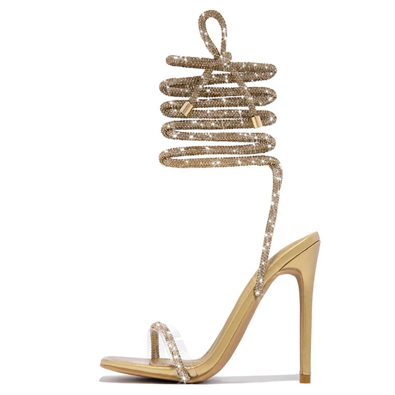 Gold Crystal Ankle Cross Strap Sandals for Women