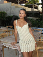Crochet Sweetheart Neck Scalloped Hem Knit Mini Dress