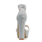 Silver Rhinestone Platform Sandals with Ankle Strap and Square High Heels for Summer