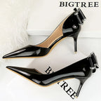 Patent Leather Women Pumps with Kitten Heels and Back Bowknot Design