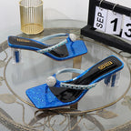 Women's Rhinestone Square Toe Flip Flops with Transparent Thick Heel