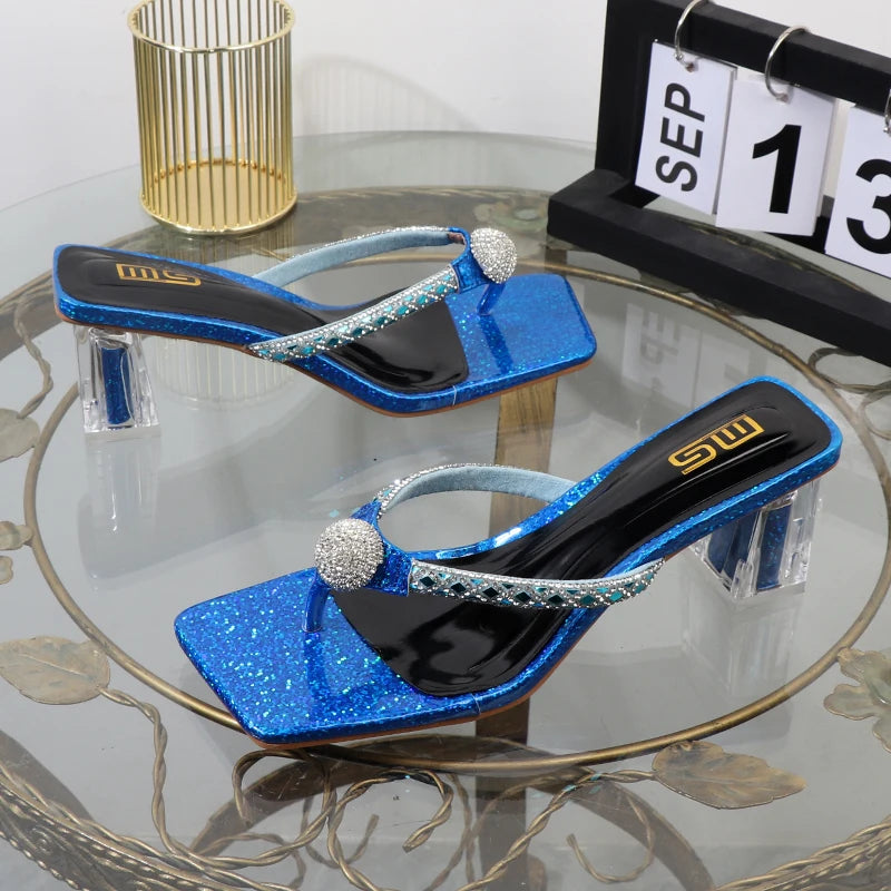 Women's Rhinestone Square Toe Flip Flops with Transparent Thick Heel