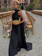 Satin Halter Neck Draped Sash Panel Column Maxi Dress
