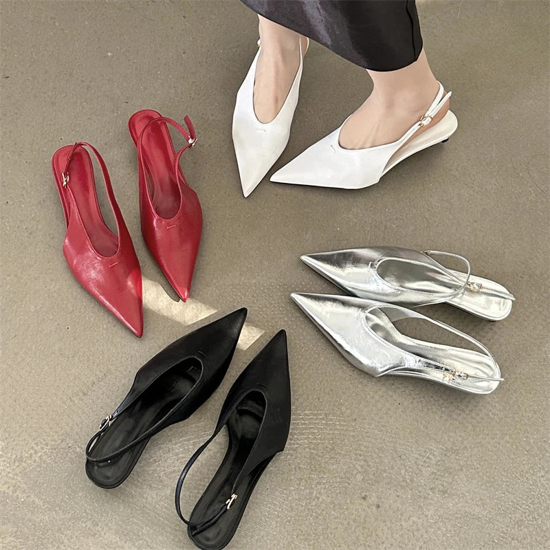 Pointed Toe Buckle Strap Pumps with Thin Low Heels for Women
