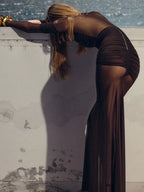 Criss Cross Ruched Long Sleeve Sheer Mesh Overlay Maxi Dress