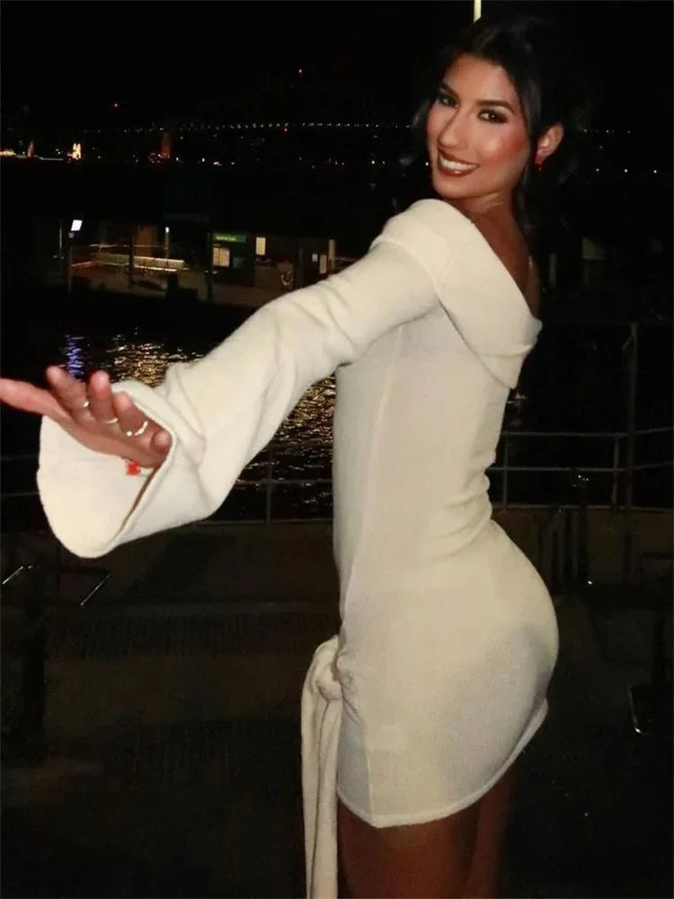 Off Shoulder Ribbed Knit Side Tie Long Sleeve Mini Dress
