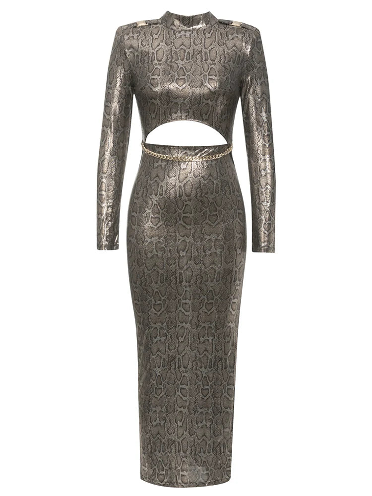Python Snake Pattern Cut Out Dress with Chain
