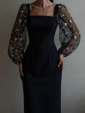 Selena Aesthetic Evening and Party Dress with Square Neckline and Long Sleeves Premium Wardrobe Essential