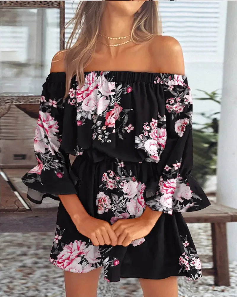 Off Shoulder Floral Print Bell Sleeve Elastic Waist Ruffle Cuff Mini Dress