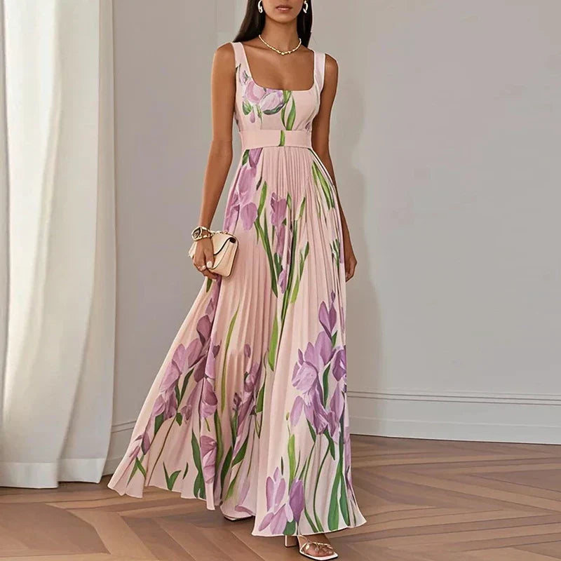 Square Neck Belted Accordion Pleat Floral Print Maxi Dress