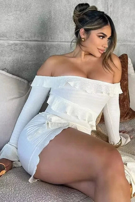 Off Shoulder Pleated Strapless Long Sleeve Patchwork Mini Dress - Mini Dress