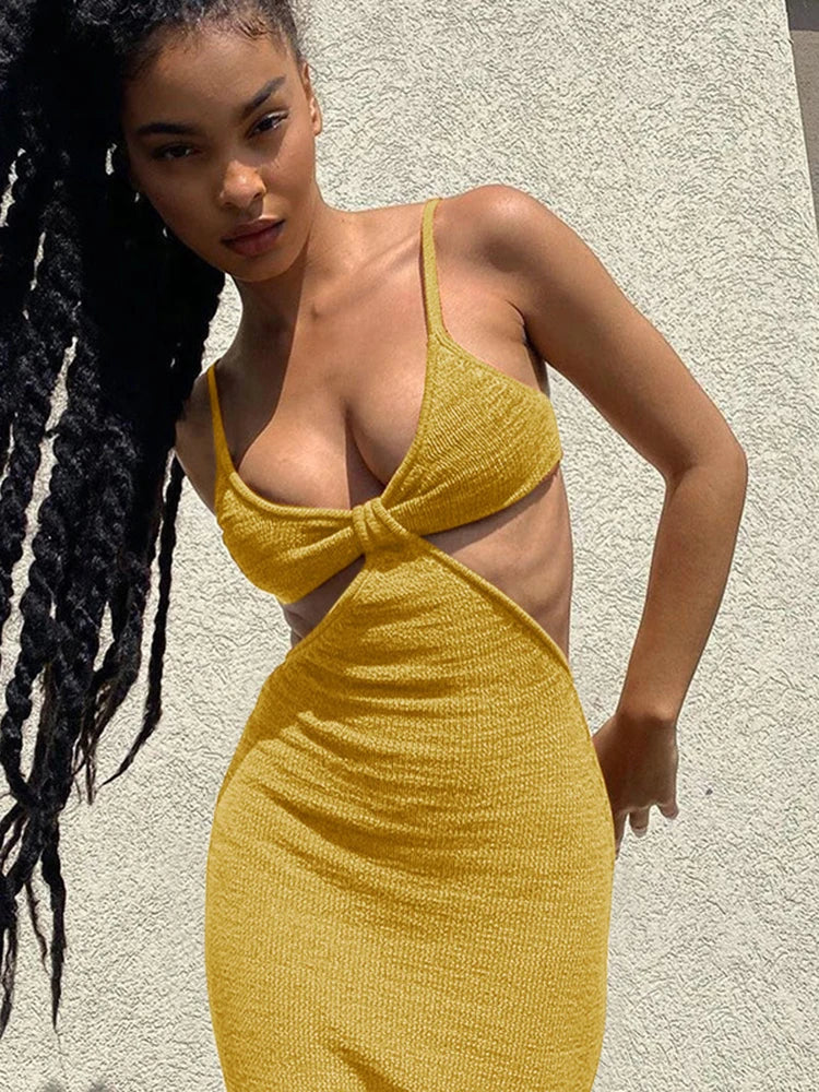 Knit Halter Twist Front Waist Cut Out Maxi Dress