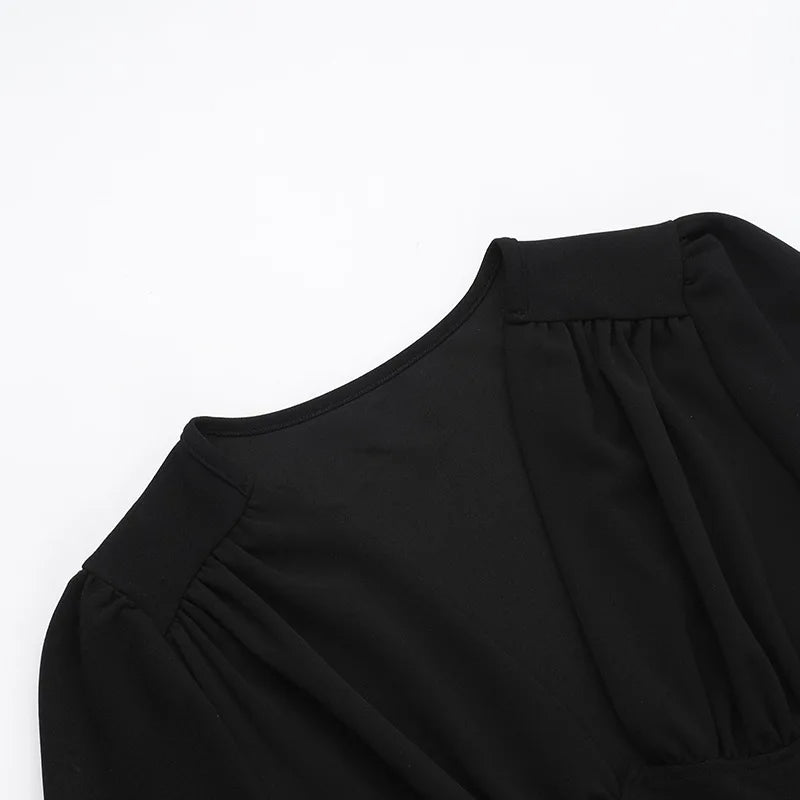 Sexy Low Cut Long Sleeve Pleated Mini Dress Women Elegant Wrap Waist Slim Party Vestido Spring Fall Harajuku Y2K Clothes