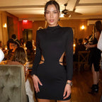 Mock Neck Padded Shoulder Side Cutout Long Sleeve Bodycon Mini Dress