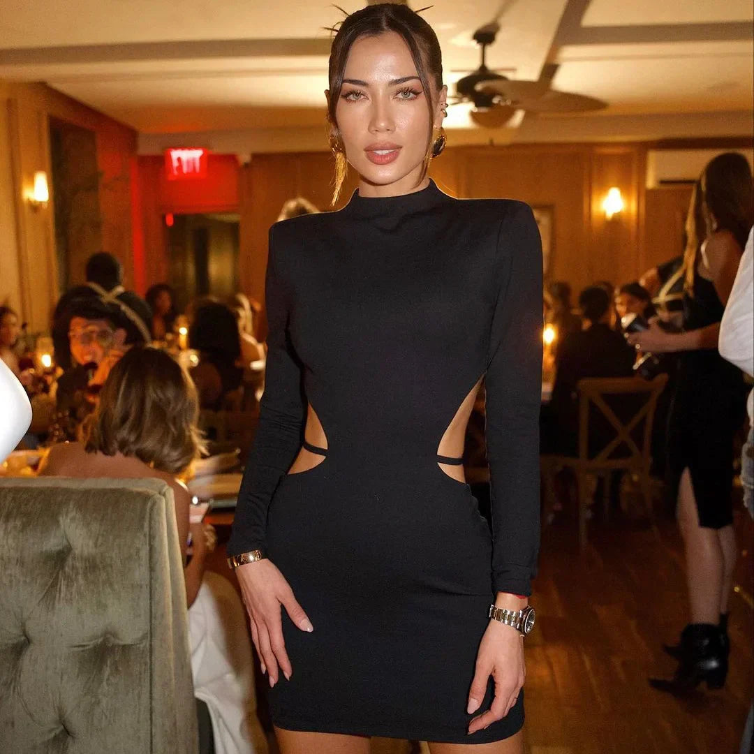 Mock Neck Padded Shoulder Side Cutout Long Sleeve Bodycon Mini Dress