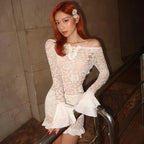 Long Sleeve Streetwear White Lace Dress For Women Slash Neck Outfits See Through Fashions Vestidos Elegantes Para Mujer Ruffles