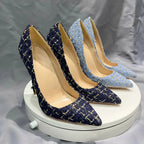 Navy Blue Plaid Pointy Toe High Heel Stiletto Pumps for Women