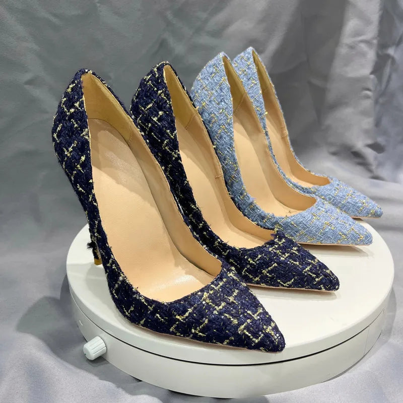 Navy Blue Plaid Pointy Toe High Heel Stiletto Pumps for Women