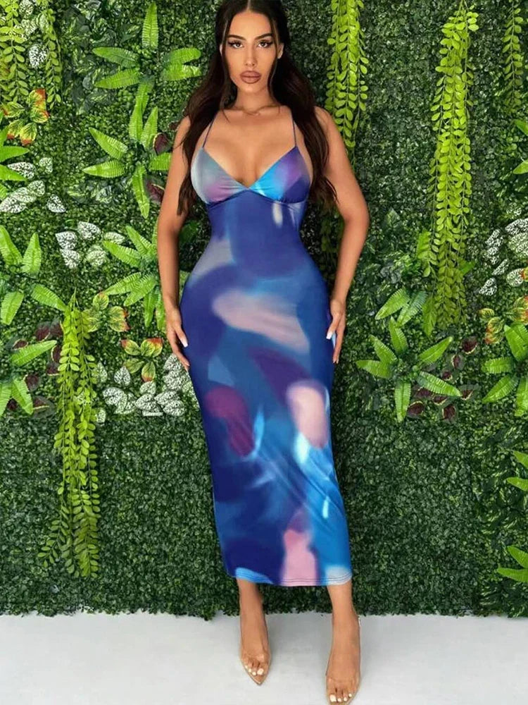 Marble Print Spaghetti Strap Deep V-Neck Bodycon Midi Dress