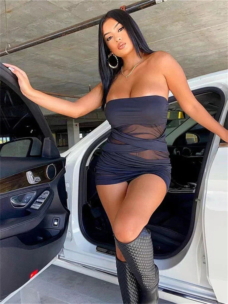Strapless Mesh Panel Diagonal Cut Out Bodycon Tube Mini Dress