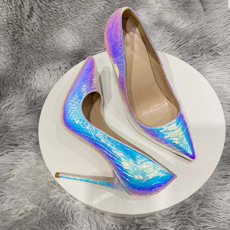 Silver Crocodile Effect Pointy Toe High Heel Party Dress Shoes for Women