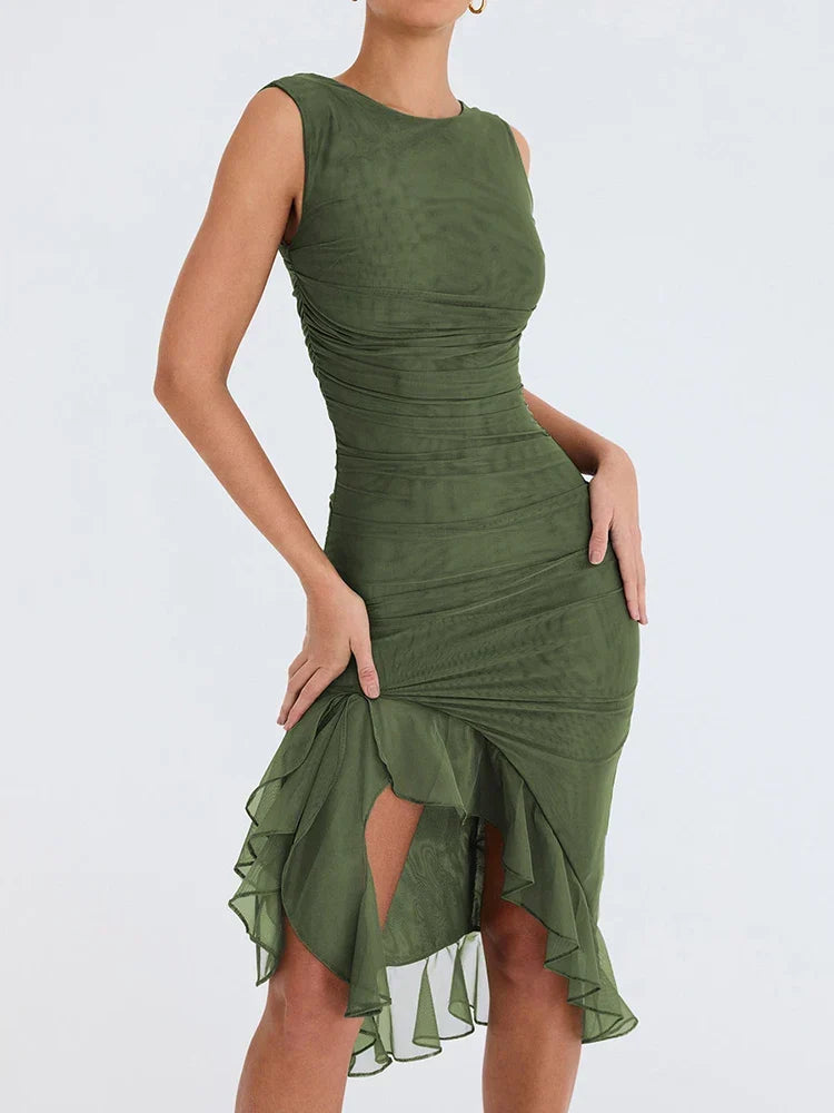 Boat Neck Ruched Mesh Asymmetric Ruffle Hem Bodycon Midi Dress