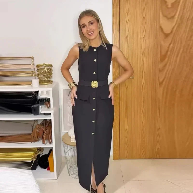 Sleeveless Button Front Belted Flap Pocket Slit Midi Dress