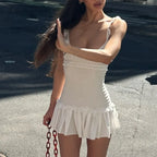 Shirred Scoop Neck Ruffle Trim Sleeveless Mini Dress