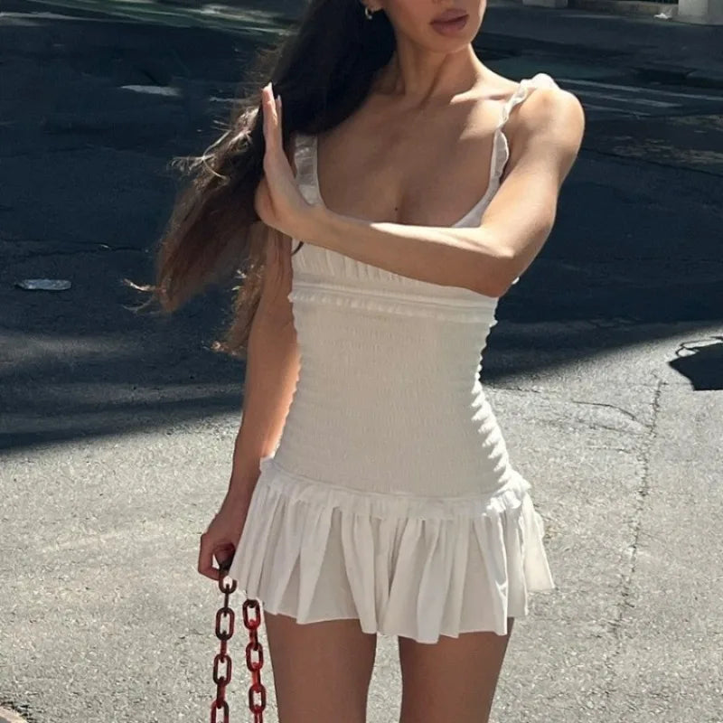 Shirred Scoop Neck Ruffle Trim Sleeveless Mini Dress