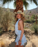 Halter Neck Smocked Waist Tiered Ruffle Backless Mini Dress