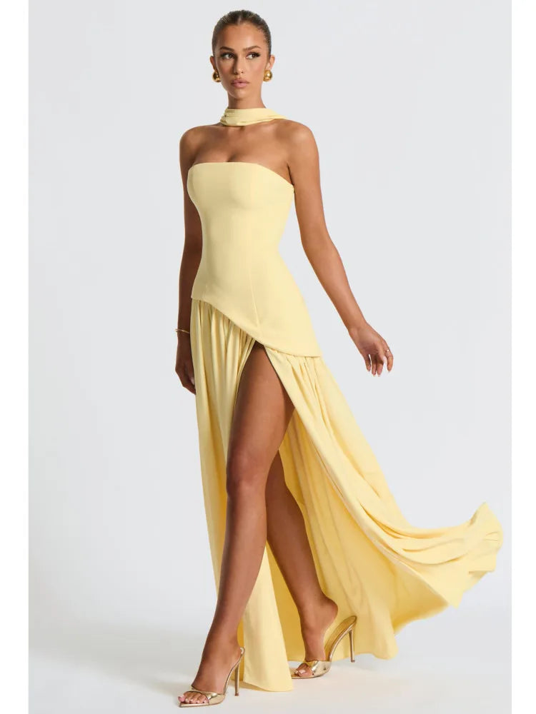 Strapless Asymmetric Hem Pleated Skirt Scarf Neck High Slit Maxi Gown