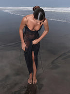 Sheer Dotted Mesh Cowl Neck Spaghetti Strap Tie Back Slip Maxi Dress