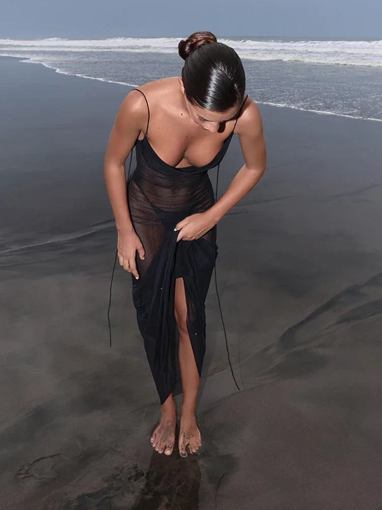 Sheer Dotted Mesh Cowl Neck Spaghetti Strap Tie Back Slip Maxi Dress