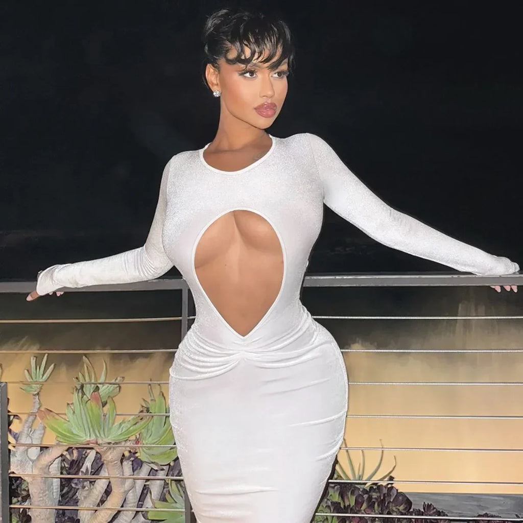 Long Sleeve Teardrop Keyhole Cutout Shimmer Knit Ruched Waist Midi Dress