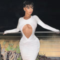 Long Sleeve Teardrop Keyhole Cutout Shimmer Knit Ruched Waist Midi Dress