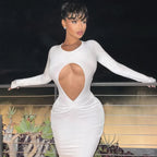 Long Sleeve Teardrop Keyhole Cutout Shimmer Knit Ruched Waist Midi Dress