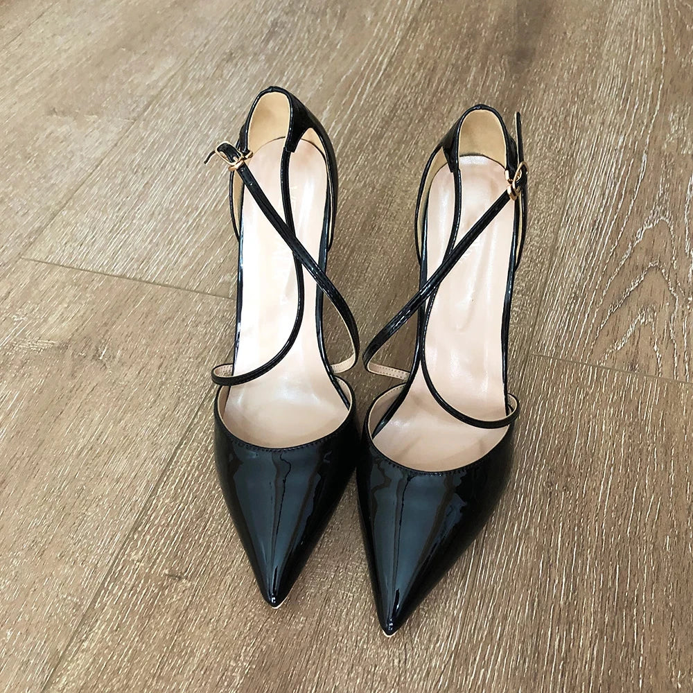 White Glossy Patent Cross Strap Stiletto Pumps for Women