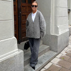 Knitted Cardigans Women Single Breasted Chic V-neck Loose Long Sleeve Sweater Winter Gray All-match Coat Tops