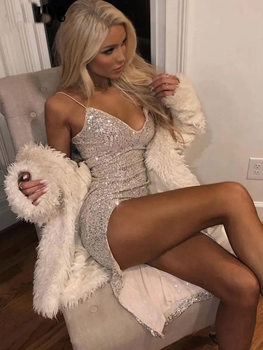Sequin Plunge V-Neck Spaghetti Strap Side Slit Bodycon Midi Dress