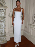 Pearl Trim Square Neck Sleeveless Bodycon Midi Dress