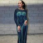 Graphic Contour Print Long Sleeve Crew Neck Bodycon Maxi Dress