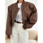 Round Imitation Leather Women Jacket Zipper Solid Loose Female Jackets Autumn Casual Vintage Stand Collar Lady Short Coat