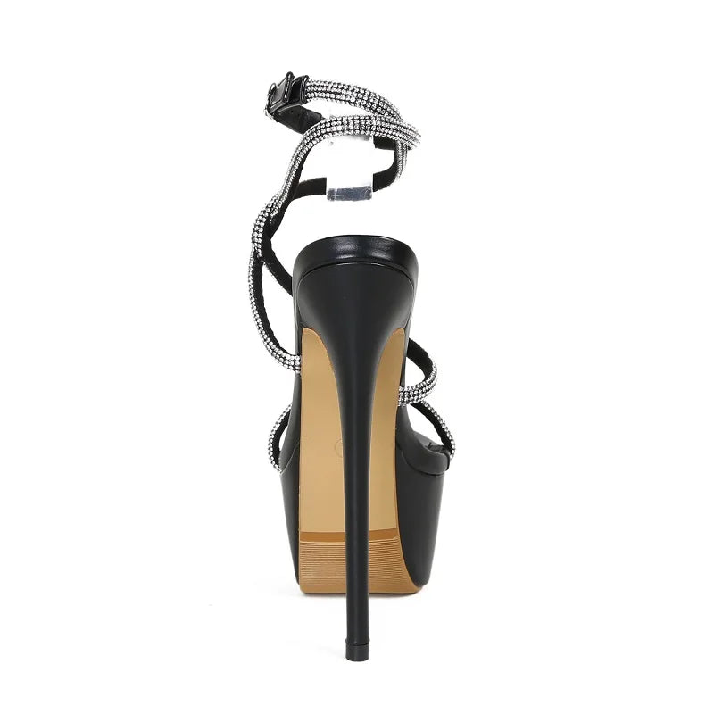 Crystal Open Toe Buckle Strap Sandals with Super Thin High Heels