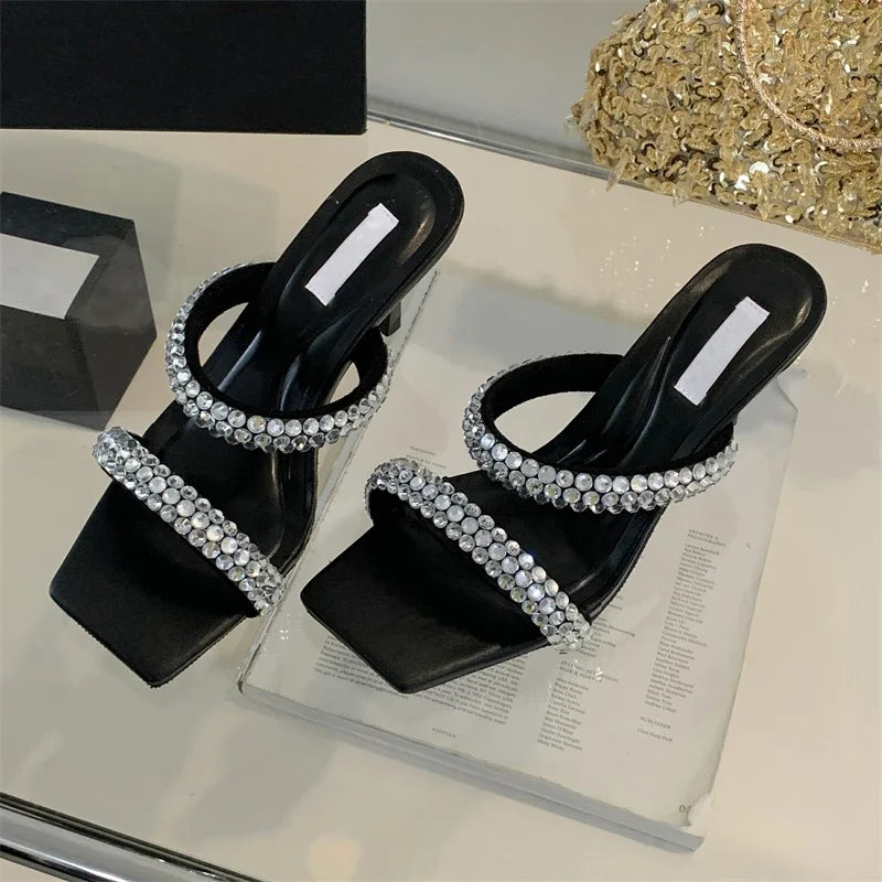 CRYSTAL Hollow Out Women Slippers with Square Toe and Thin Low Heels