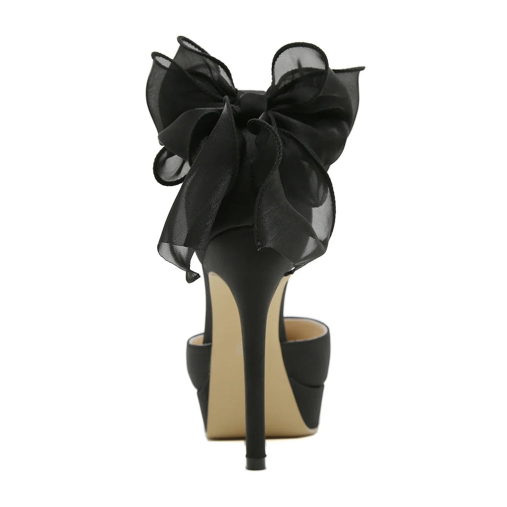 Satin Butterfly-knot Buckle Strap Women Pumps Pointed Toe Stiletto High Heels