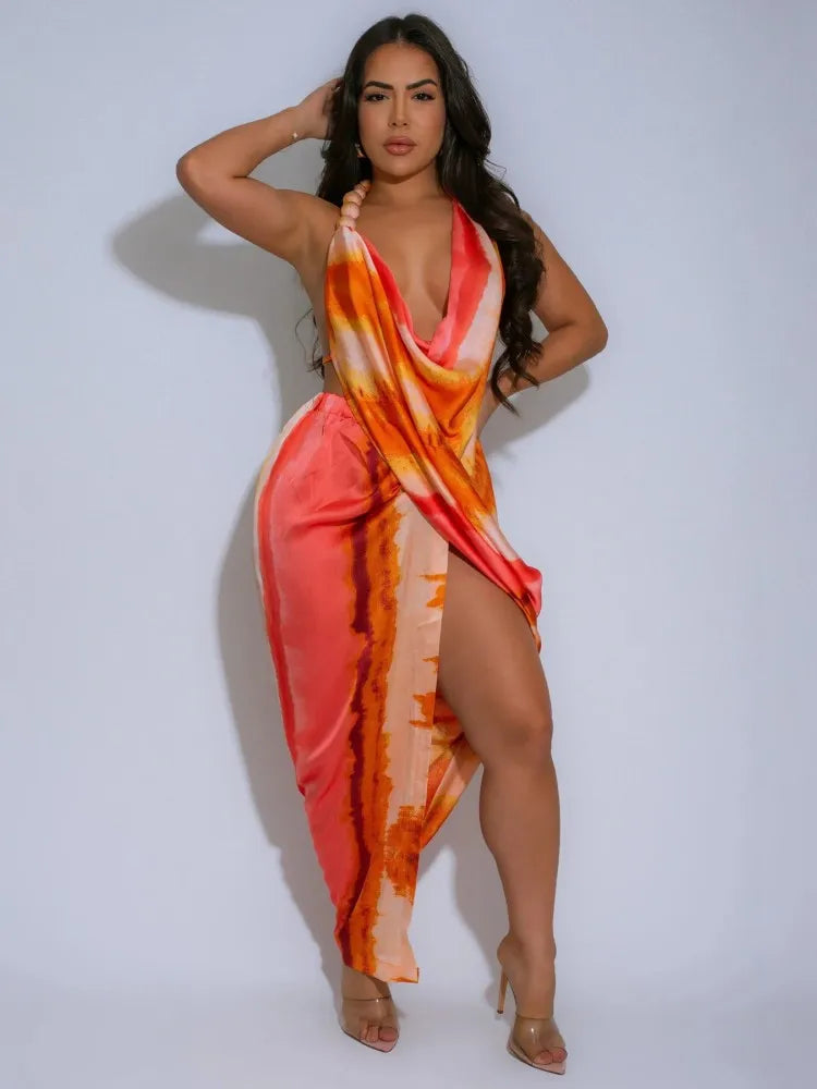 Tie Dye Halter Neck Cowl Drape High Split Asymmetric Hem Satin Midi Dress